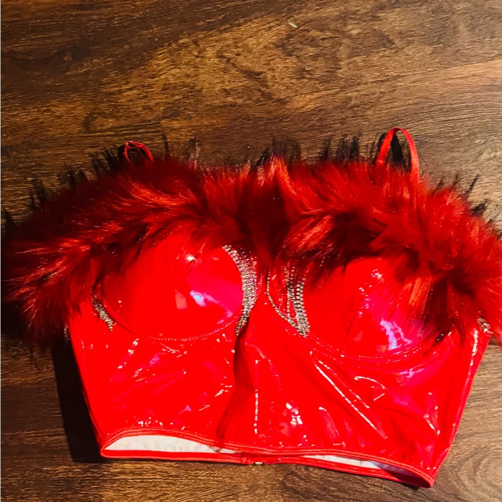 Red Feathered Bustier Top